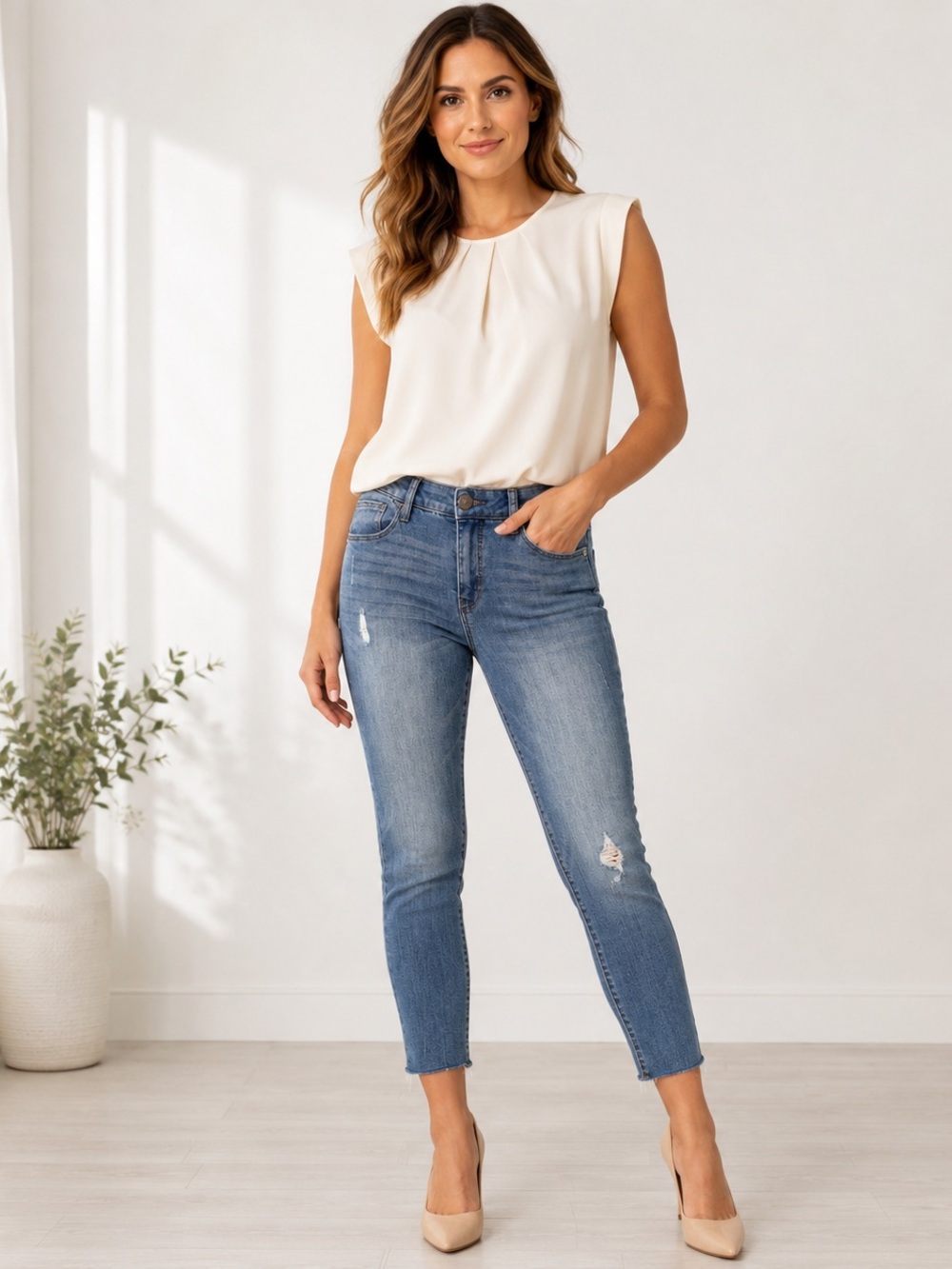 Wit & Wisdom Skinny Crop Jeans 2 Light Wash Distressed Raw Hem Stretch Denim
